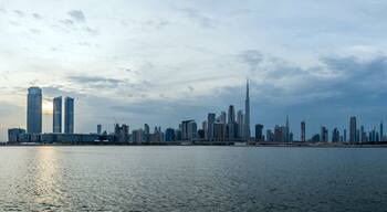 Waterfront view of Burj Khalifa, World Tallest Tower. A view from Dubai Creek Harbour, Residential and Business Skyscrapers in Downtown, Dubai, UAE