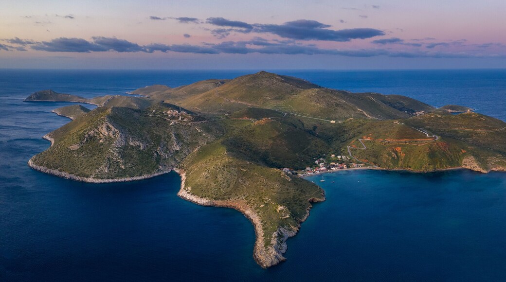 Panoramic view of Mani region. Wide aerial panorama Cape Matapan or Tainaron the Southest part of Europe, Mani, Lakonia, Peloponnese, Greece