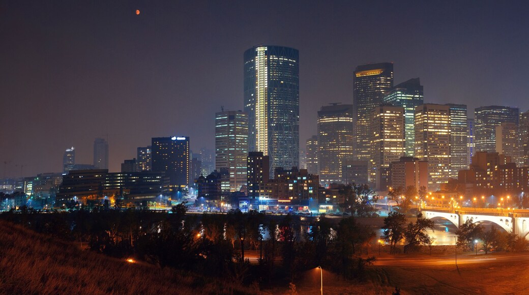 Calgary downtown cityscape with skyscraper and bridge at night, Canada.