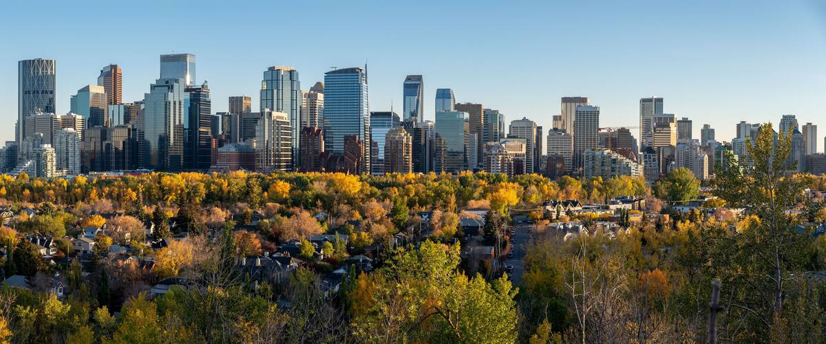 View of Calgary's modern skyline on a beautiful autumn evening.