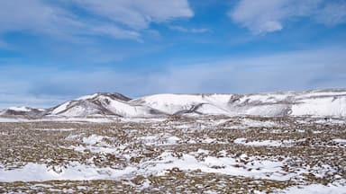 The mountains Fagradalsfall and Borgarfell near the town of Grindavik in southwest Iceland.