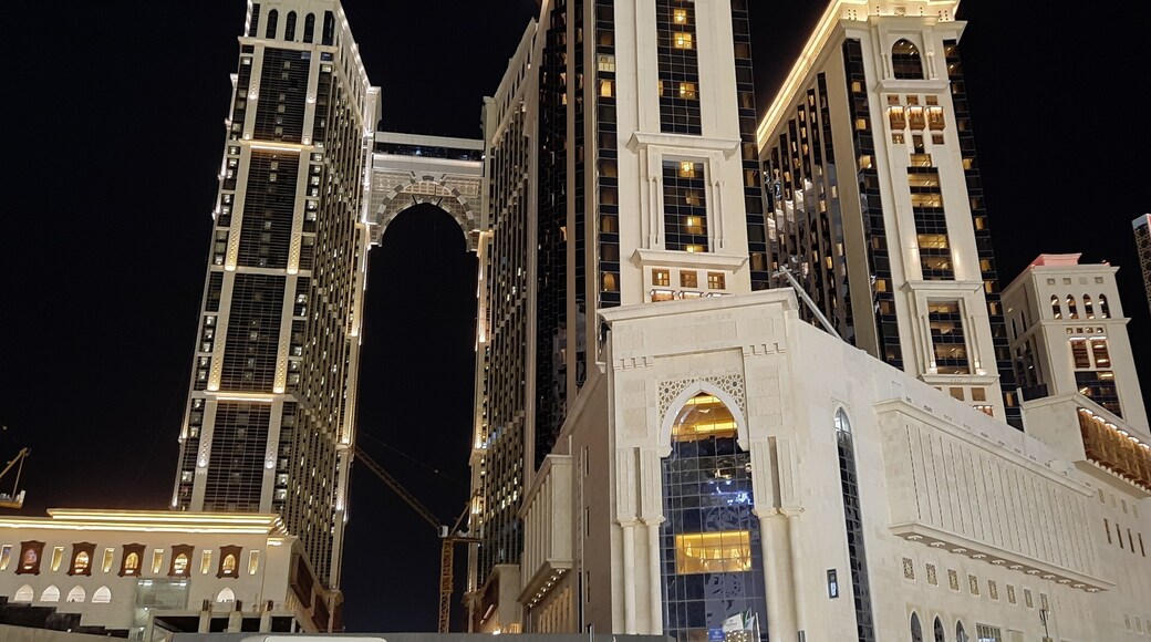 Beautiful night time view of Jabal Omar residential complex in front of Masjid al-Haram, Mecca, Saudi Arabia.