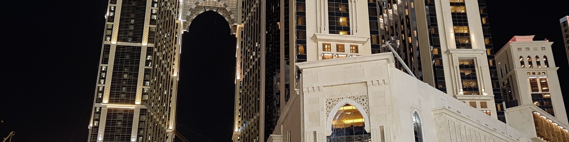 Beautiful night time view of Jabal Omar residential complex in front of Masjid al-Haram, Mecca, Saudi Arabia.