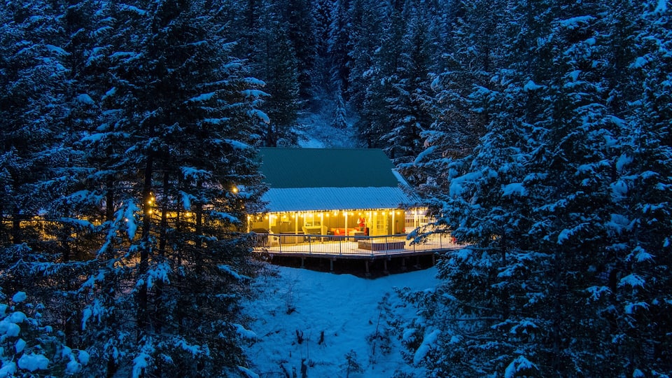A snow-covered lodge with a green roof, surrounded by dense forest.