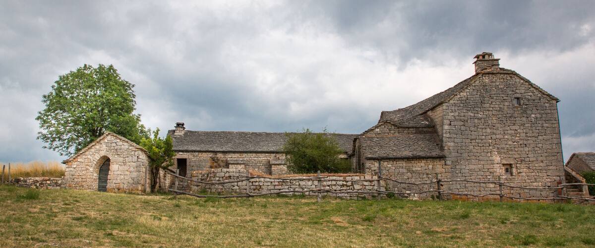 A stone building with a large tree in front.