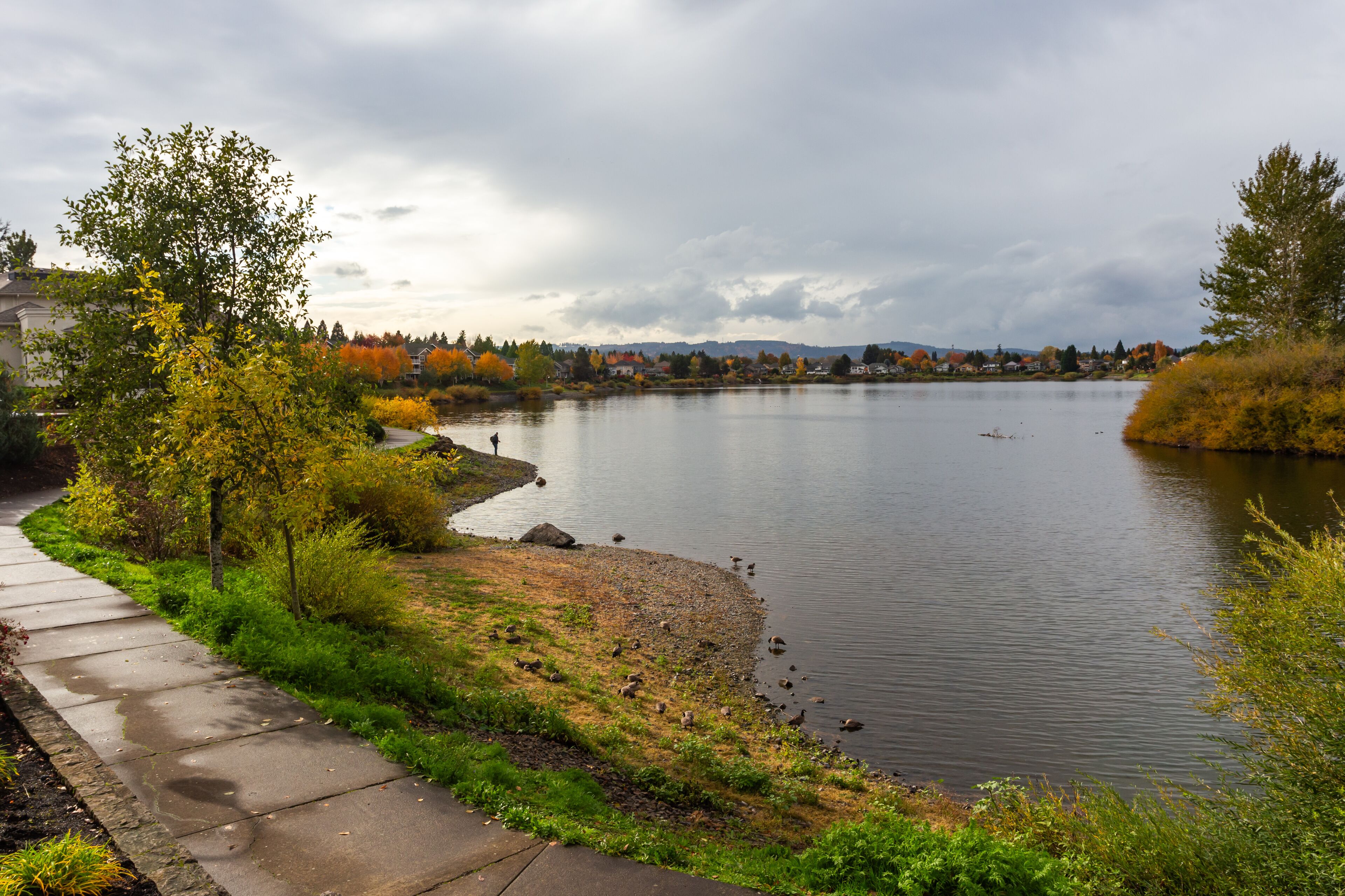 Lonely figure of a fisherman on the private Staats lake in Oregon