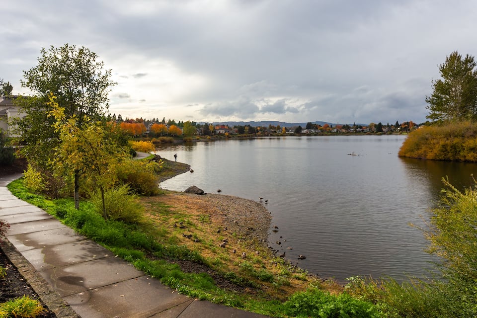 Un lago con un paseo de hormigón y árboles con hojas otoñales.