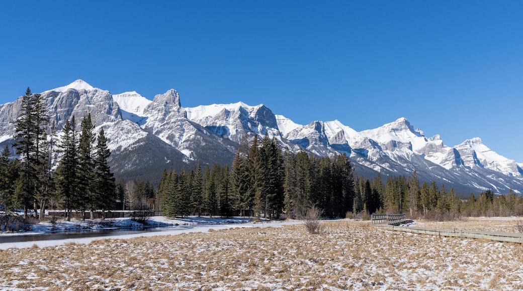 Policeman Creek Riverside Trail, Spring Creek Boardwalk in winter season. Town of Canmore, Alberta, Canada.