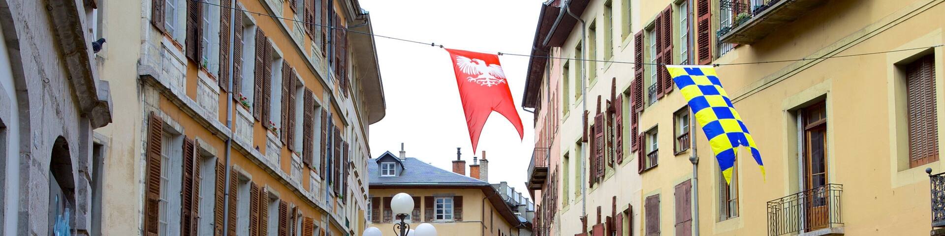 Chambéry das einen Springbrunnen, historische Architektur und Straßenszenen