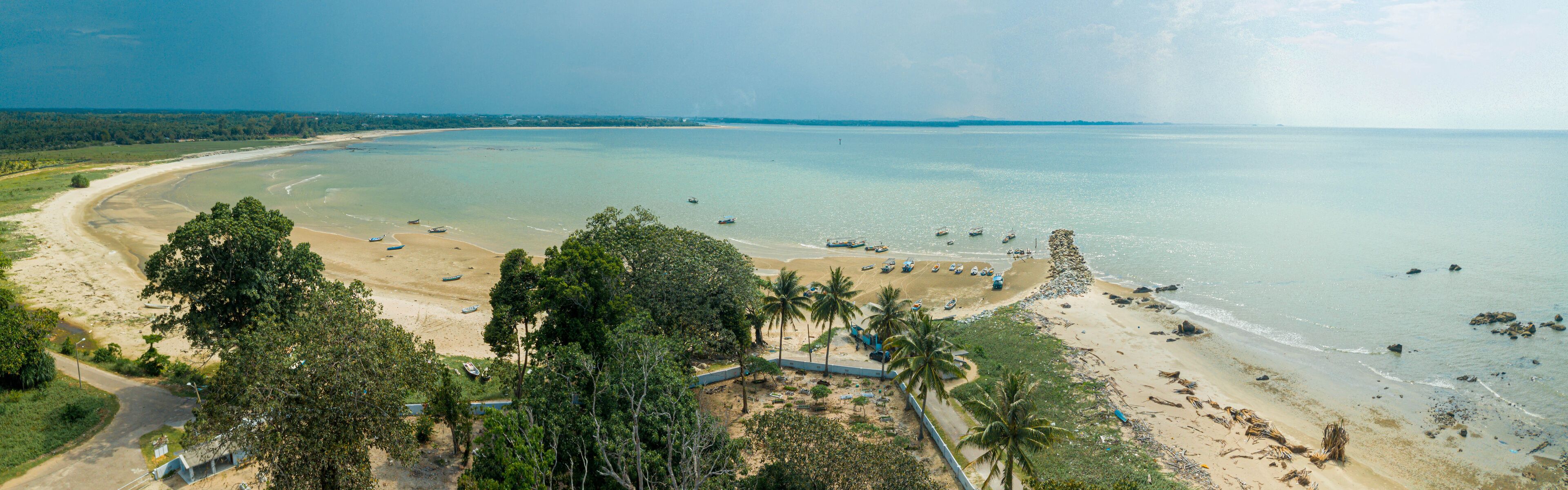 Panoramic aerial drone view of coastal scenery in Tanjung Kempit, Mersing, Johor, Malaysia.