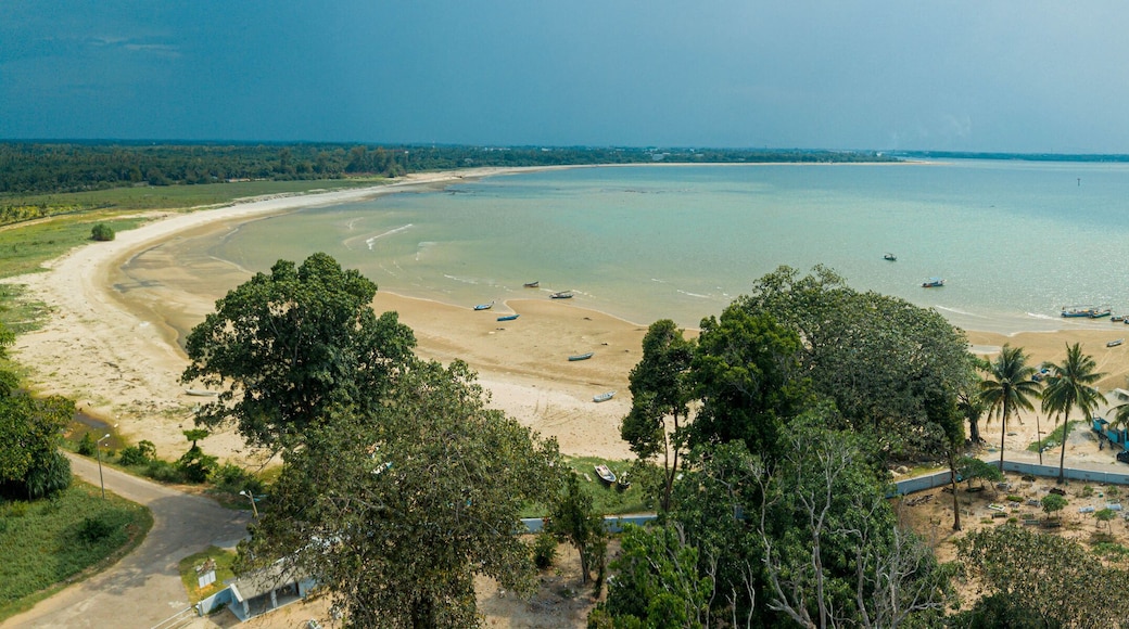 Panoramic aerial drone view of coastal scenery in Tanjung Kempit, Mersing, Johor, Malaysia.