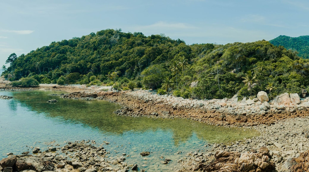 Aerial drone view of coastal scenery at Besar Island or Pulau Besar in Mersing, Johor, Malaysia