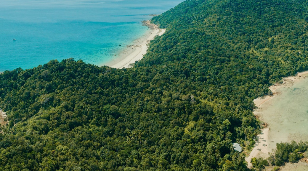 Aerial drone view of coastal scenery at Besar Island or Pulau Besar in Mersing, Johor, Malaysia