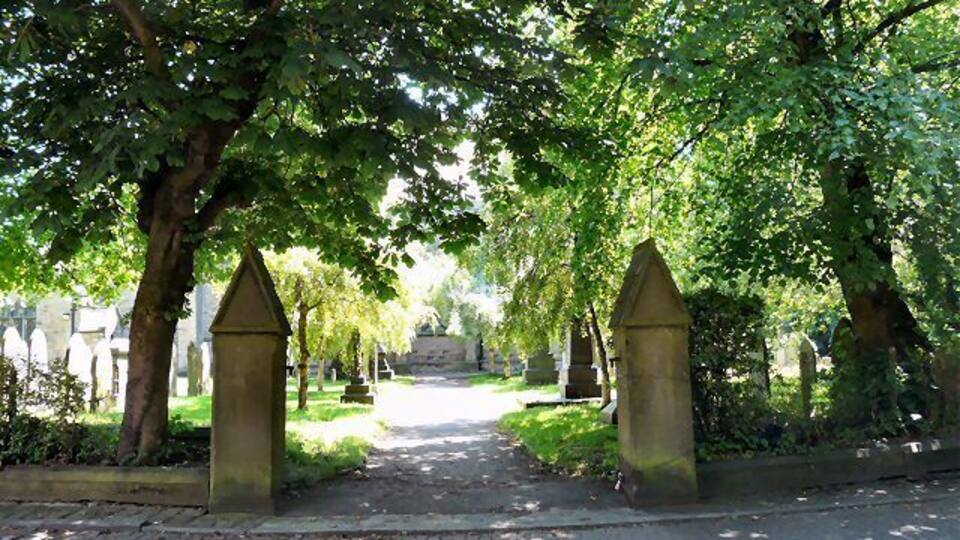 St John the Baptist, Heaton Mersey Rear entrance to the graveyard of St John the Baptist.