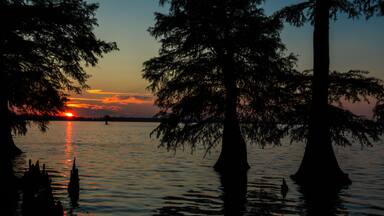 Sunset on Reelfoot Lake in Reelfoot Lake State Park in Tennessee.