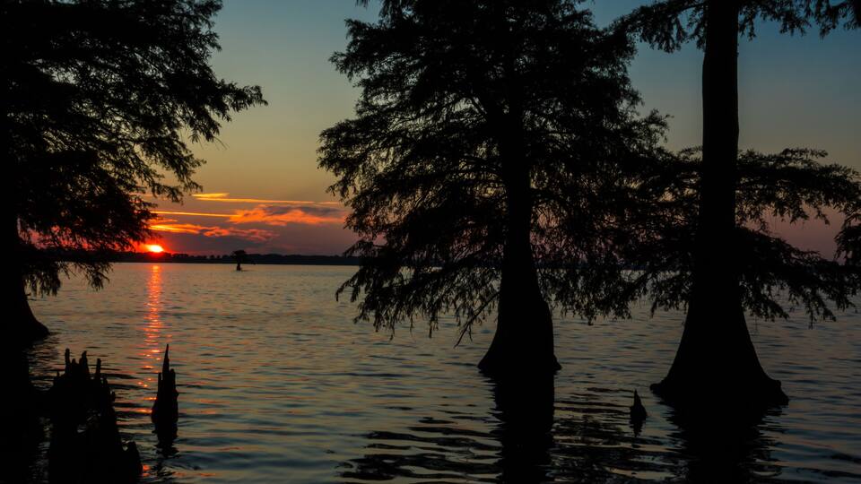 Sunset on Reelfoot Lake in Reelfoot Lake State Park in Tennessee.