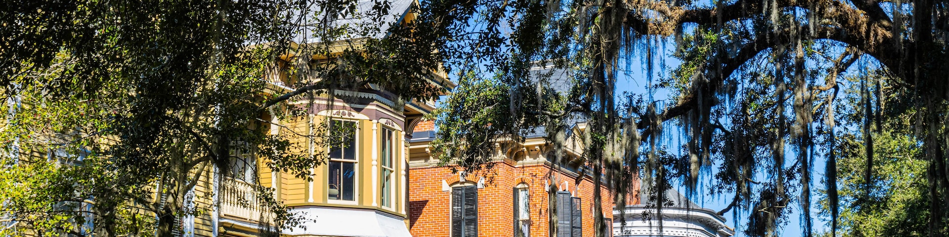 Framed View of Spanish Moss on Oak Trees and Old Houses in The Historic Downtown District, Savannah, Georgia, USA