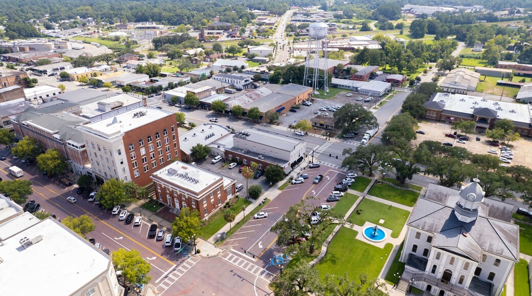 Aerial view of historic downtown Thomasville with buildings, streets, trees, and a park, Thomasville, United States.