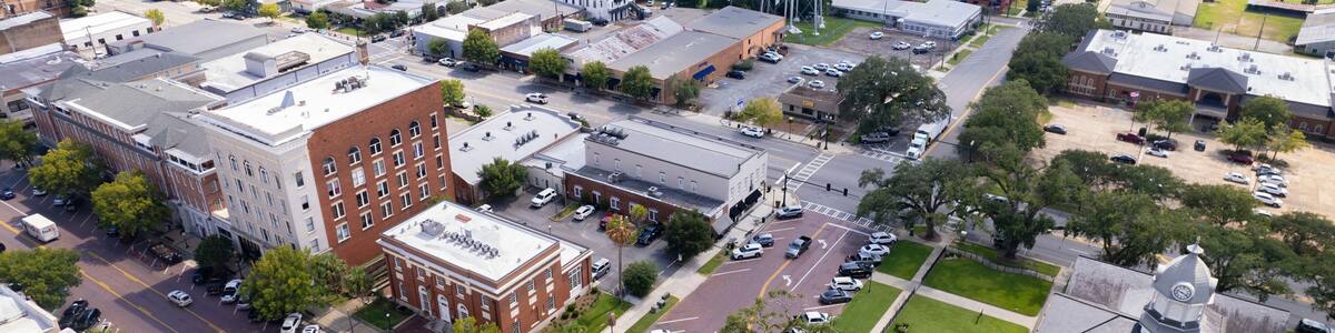 Aerial view of historic downtown Thomasville with buildings, streets, trees, and a park, Thomasville, United States.