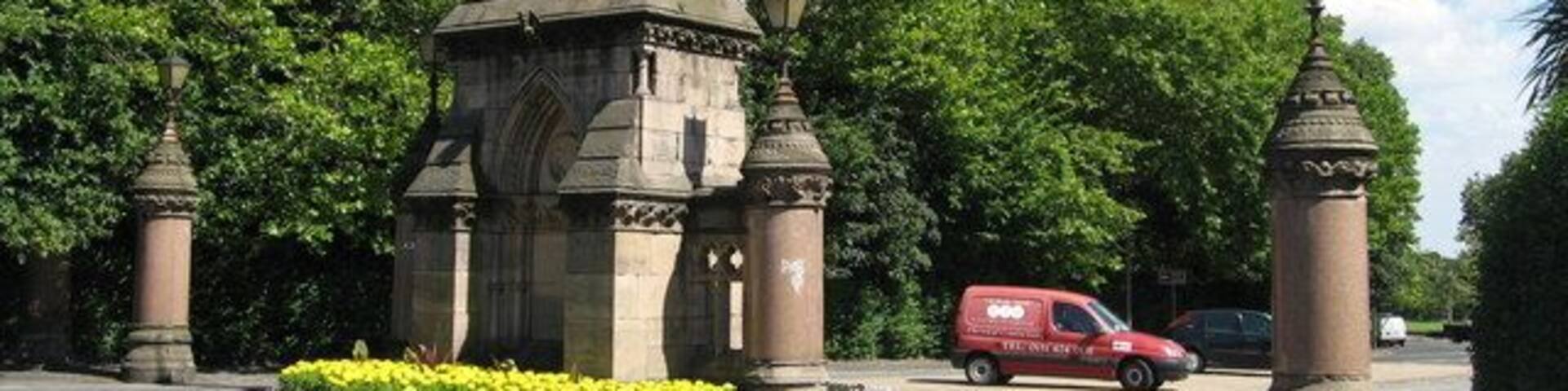 Sefton Park Gates, Ullet Road The magnificent gates of Sefton Park at Ullet Road. The Mull granite columns of these gates were salvaged from St George's Hall after they were removed to facilitate the installation of the great organ. The park was officially opened to the public on 20th May 1872 by H.R.H. Prince Arthur, First Duke of Connaught and Strathern, the third son of Queen Victoria. For more information and original photographs see http://www.toxteth.net/places/liverpool/parks/sefton%20park.htm
