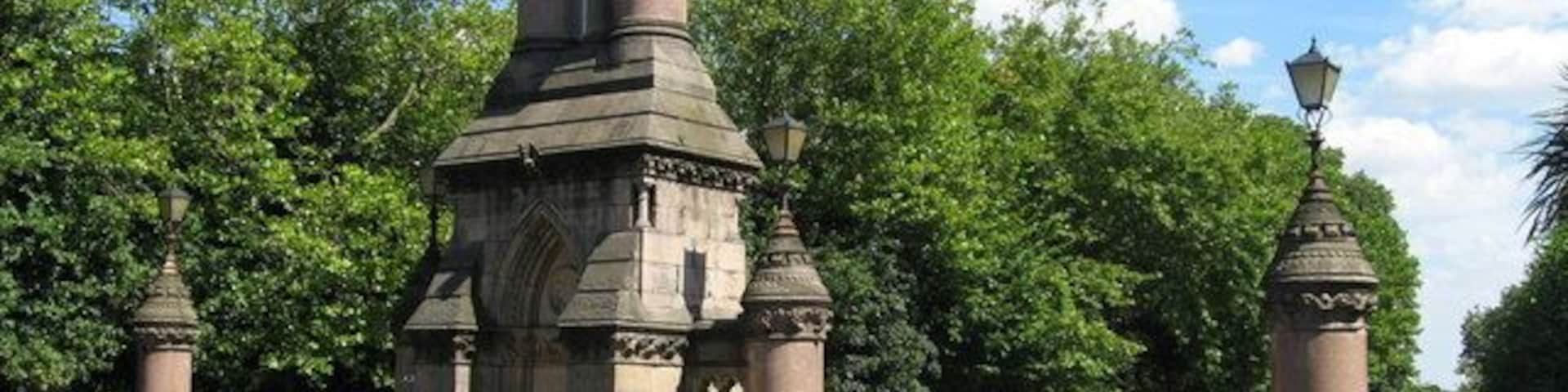Sefton Park Gates, Ullet Road The magnificent gates of Sefton Park at Ullet Road. The Mull granite columns of these gates were salvaged from St George's Hall after they were removed to facilitate the installation of the great organ. The park was officially opened to the public on 20th May 1872 by H.R.H. Prince Arthur, First Duke of Connaught and Strathern, the third son of Queen Victoria. For more information and original photographs see http://www.toxteth.net/places/liverpool/parks/sefton%20park.htm