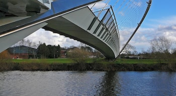 The Millennium Bridge spans the River Ouse to the south of York, linking Hospital Fields Road and Maple Grove in Fulford with Butcher Terrace on the South Bank