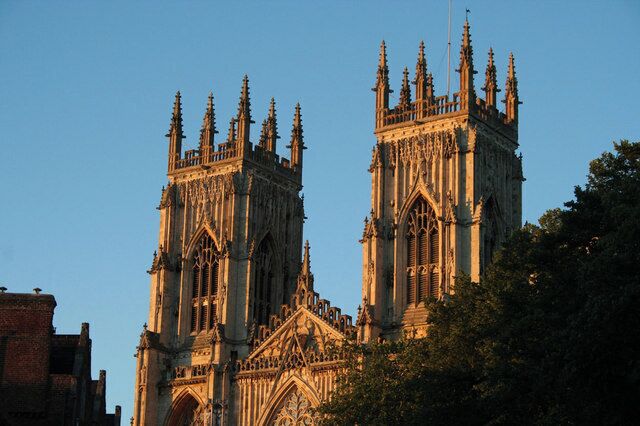 A Gothic cathedral with twin spires and intricate stonework.