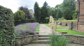 Part of the terrace at the rear of Goddards. The beautifully restored rear garden at the National Trust property,Goddards which overlooks York racecourse.