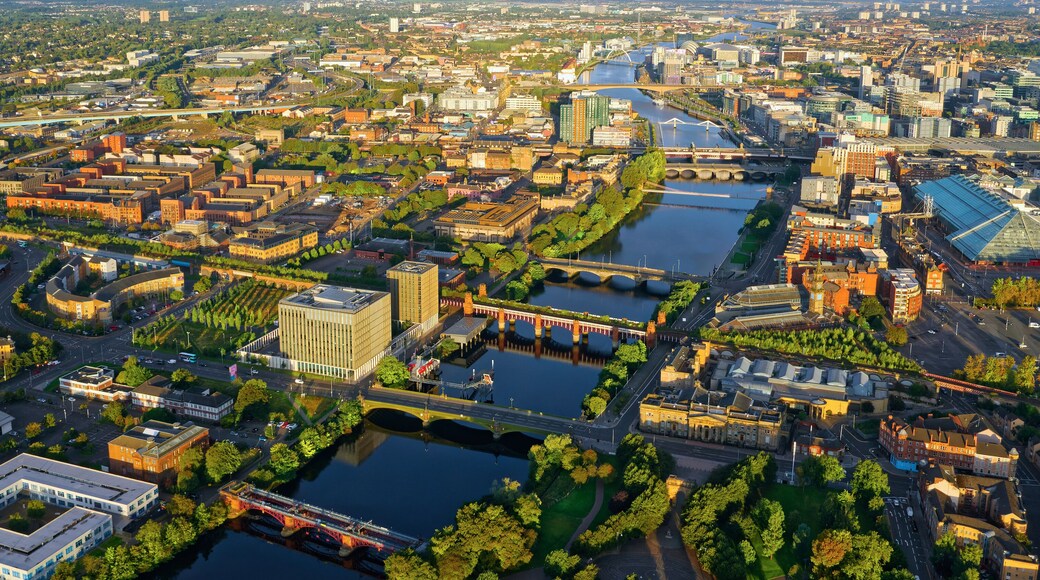 Aerial view of the River Clyde and Glasgow City during oncoming storm