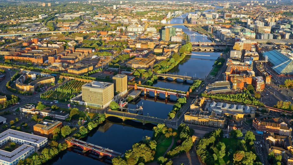 Aerial view of the River Clyde and Glasgow City during oncoming storm