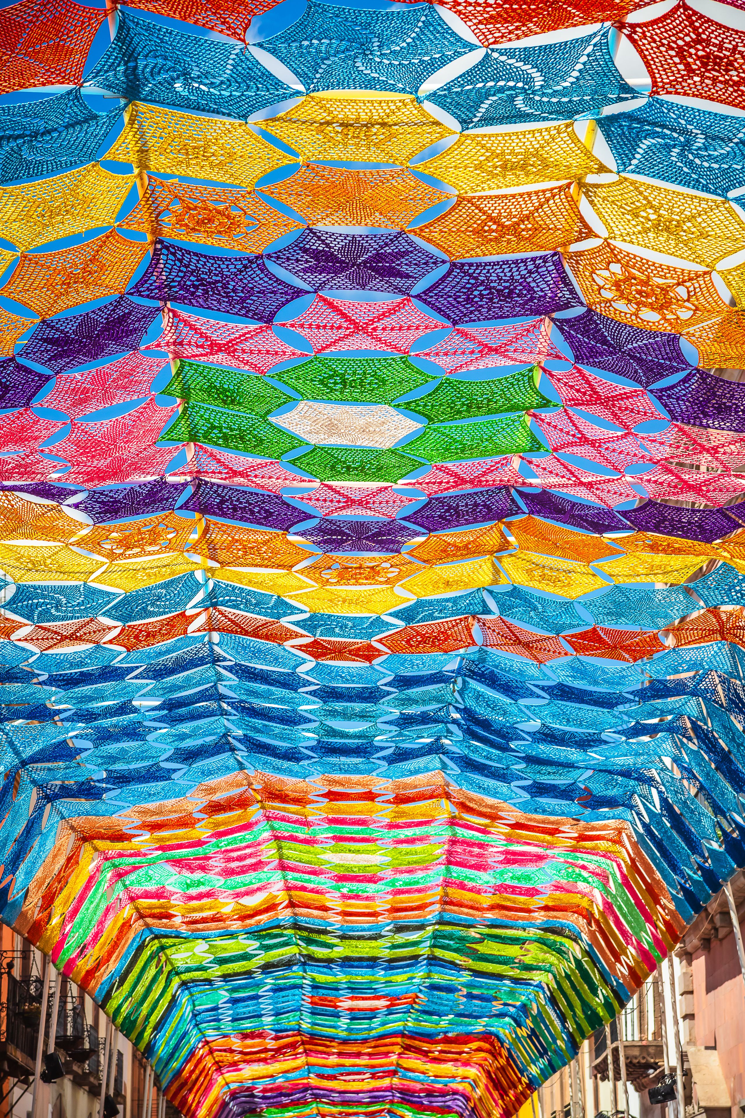 Sky woven with colors, decorations on the streets of Queretaro