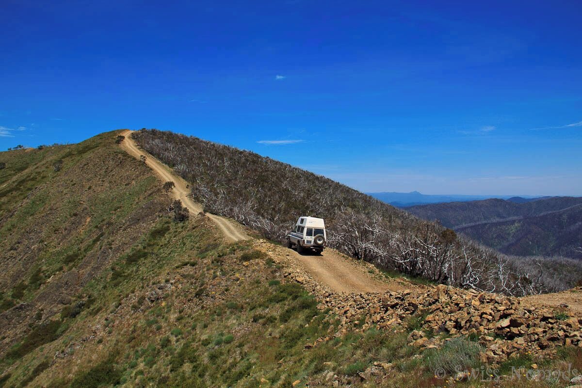 Driving along the Blue Rag Range Track.

This is an exceptionally scenic track through the Victorian High Country. Some parts of the track are extremely steep and you need a high clearance 4WD.

More in our blog post: http://www.swissnomads.com/2013/12/australian-alps-serious-4wd/