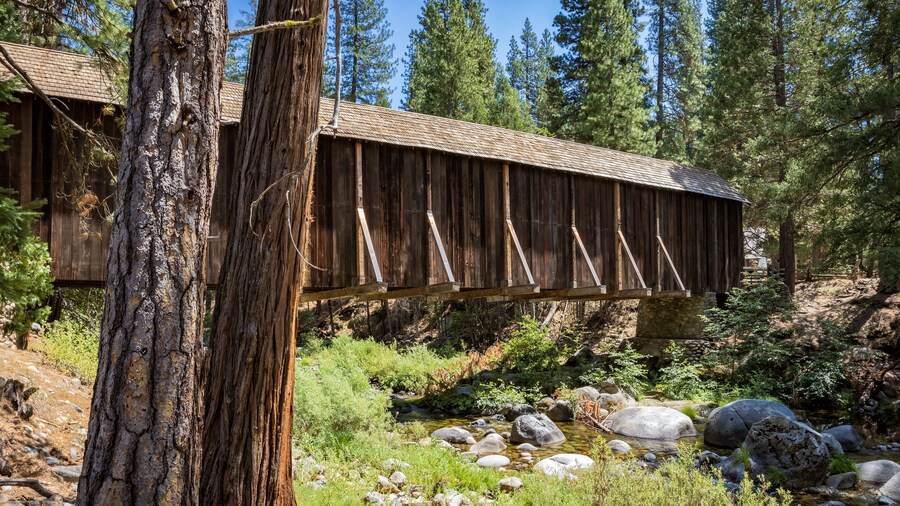 View of Yosemite Wawona covered Bridge over the South Fork Merced River in Mariposa, during the summer, California, USA