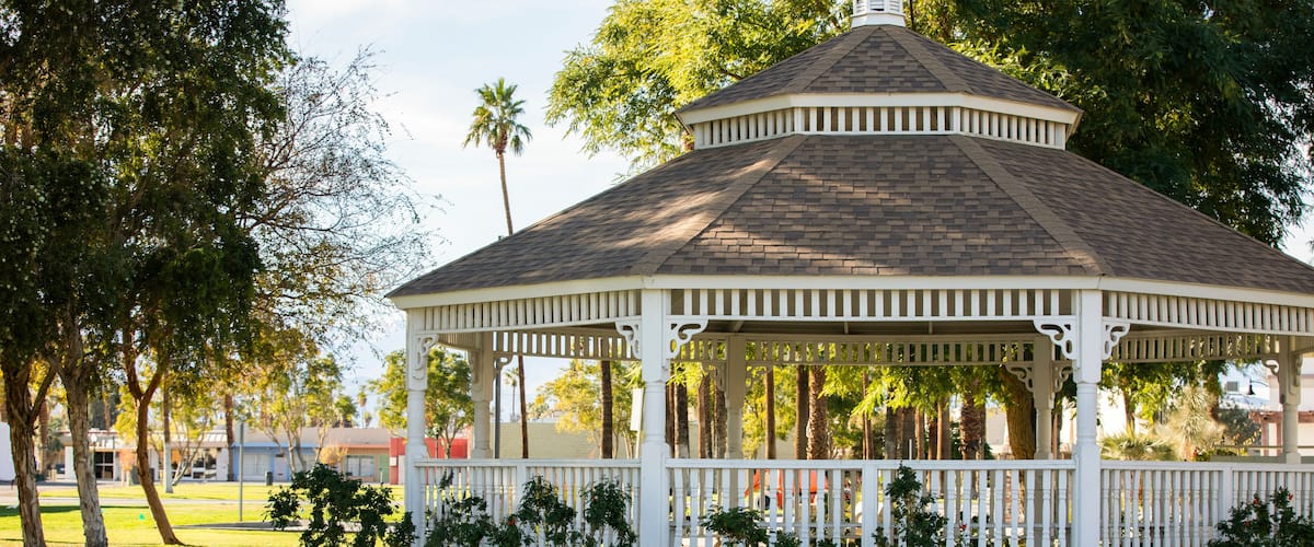 Late afternoon view of a public park in downtown Indio, California, USA.
