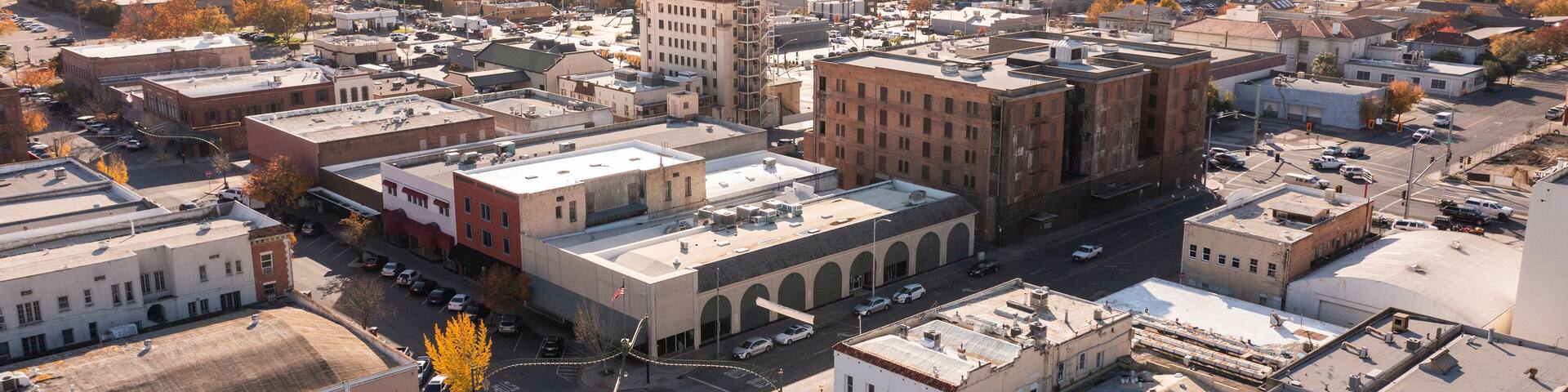 Afternoon aerial view the downtown area and surrounding neighborhoods of Marysville, California, USA.