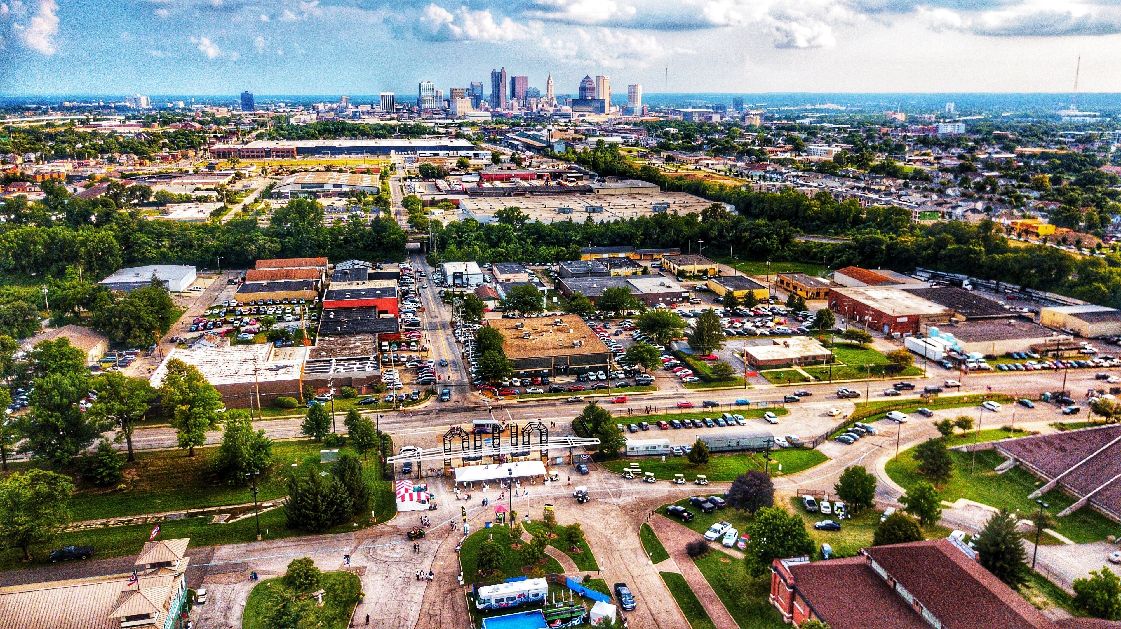 Drone pic hovering near 11th street entry to the fairgrounds and facing south towards downtown columbus ohio