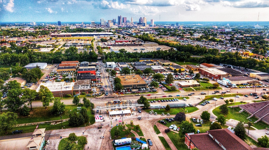 Drone pic hovering near 11th street entry to the fairgrounds and facing south towards downtown columbus ohio