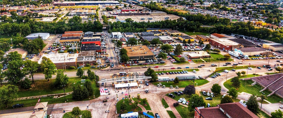 Drone pic hovering near 11th street entry to the fairgrounds and facing south towards downtown columbus ohio