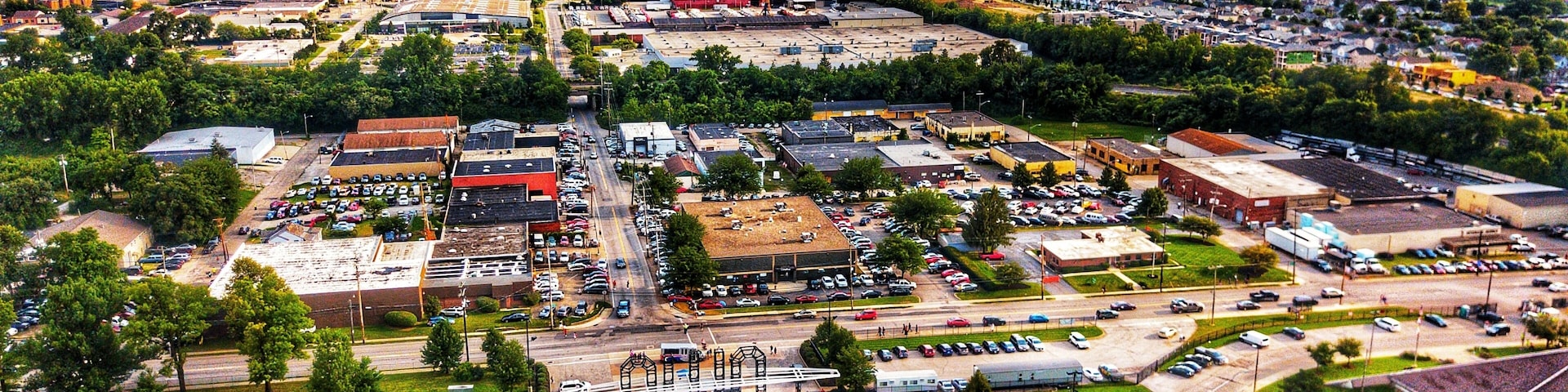Drone pic hovering near 11th street entry to the fairgrounds and facing south towards downtown columbus ohio