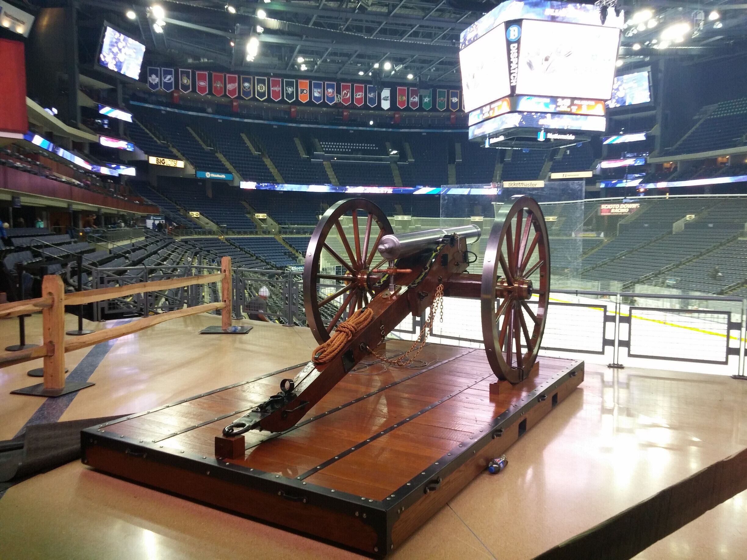 The canon at Nationwide arena is a hand made replica of a 12-pounder Napoleon Model 1857, the primary cannon used in the American Civil War. The canon ties in with the Columbus Blue Jackets civil war themed branding. The canon is "fired" whenever the Blue Jackets take the ice at the start of the game, score a goal or win the game.
