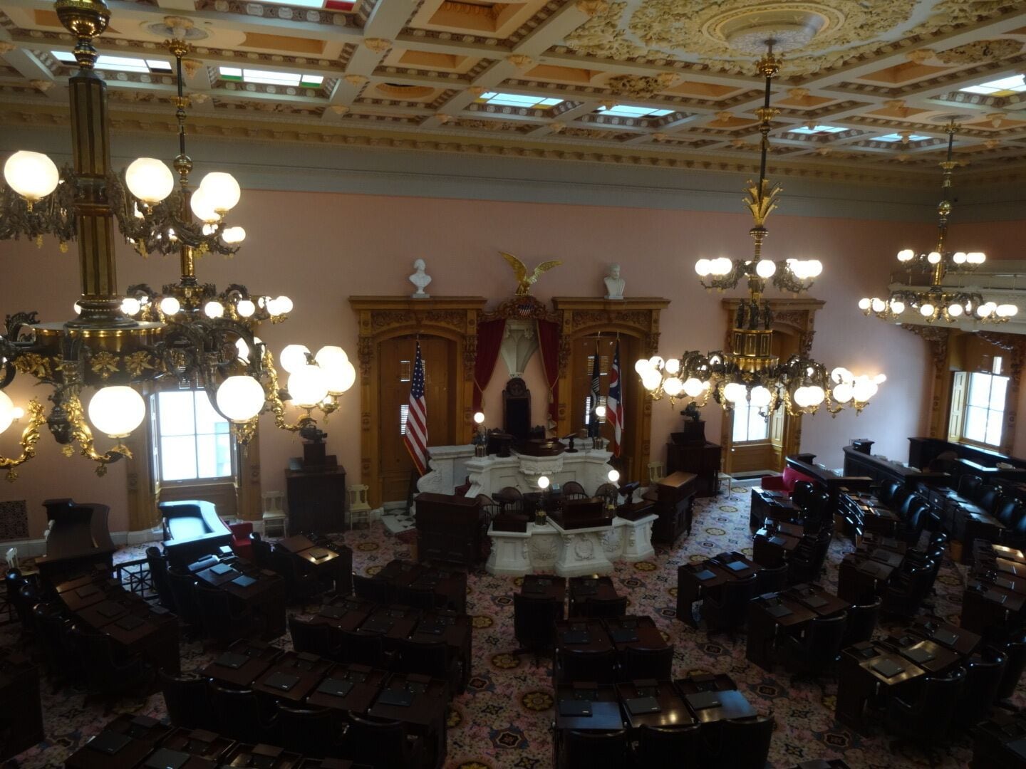 The House Chamber accommodates Ohio's 99 elected state representatives. 
The Chamber was designed by Nathan B. Kelley, one of the original Statehouse architects.  Kelley used a great deal of ornament and detail on the building's interiors. He was fired because the commissioners overseeing the project felt that these extra flourishes were both too expensive and too lavish.
President Lincoln spoke in the House Chamber on February 13, 1861.
#architecture