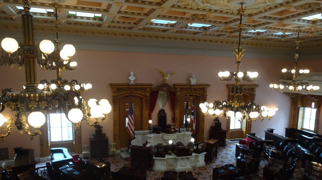 The House Chamber accommodates Ohio's 99 elected state representatives.
The Chamber was designed by Nathan B. Kelley, one of the original Statehouse architects. Kelley used a great deal of ornament and detail on the building's interiors. He was fired because the commissioners overseeing the project felt that these extra flourishes were both too expensive and too lavish.
President Lincoln spoke in the House Chamber on February 13, 1861.
#architecture