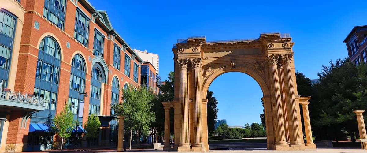 Arch Park in McFerson Commons in the Arena District of downtown Columbus, Ohio is a popular urban destination for sports and entertainment.