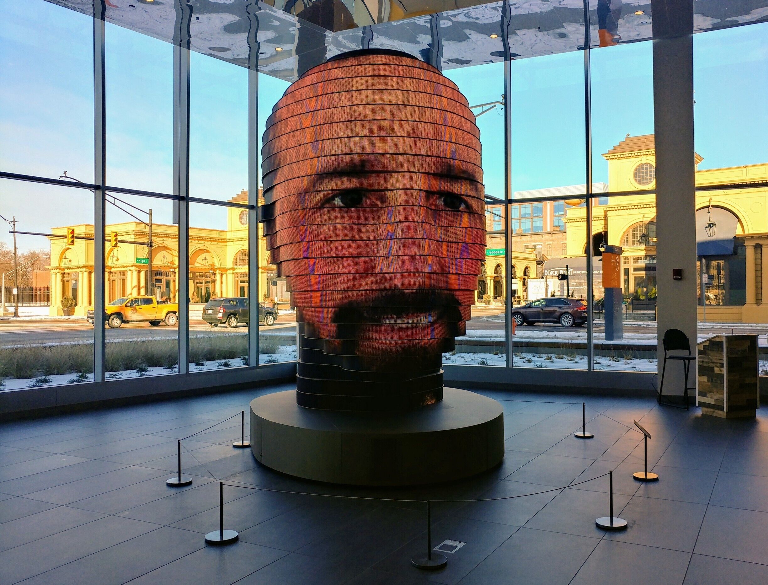 #asweare is an interactive art installation by Columbus artist, Matthew Mohr, located inside the Greater Columbus Convention Center.

It is a 14ft tall human head consisting of over 850,000 LEDs.

Inside the head is a photo booth with 29 cameras that take a 3D image that is then projected on the head and added to the rotating collection of over 5000 participants.

#Hometown
