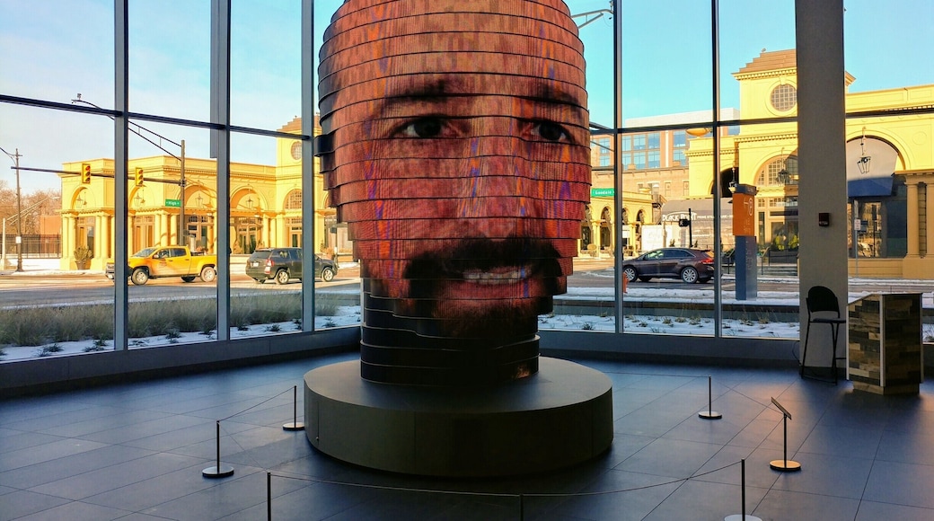 #asweare is an interactive art installation by Columbus artist, Matthew Mohr, located inside the Greater Columbus Convention Center.
It is a 14ft tall human head consisting of over 850,000 LEDs.
Inside the head is a photo booth with 29 cameras that take a 3D image that is then projected on the head and added to the rotating collection of over 5000 participants.
#Hometown