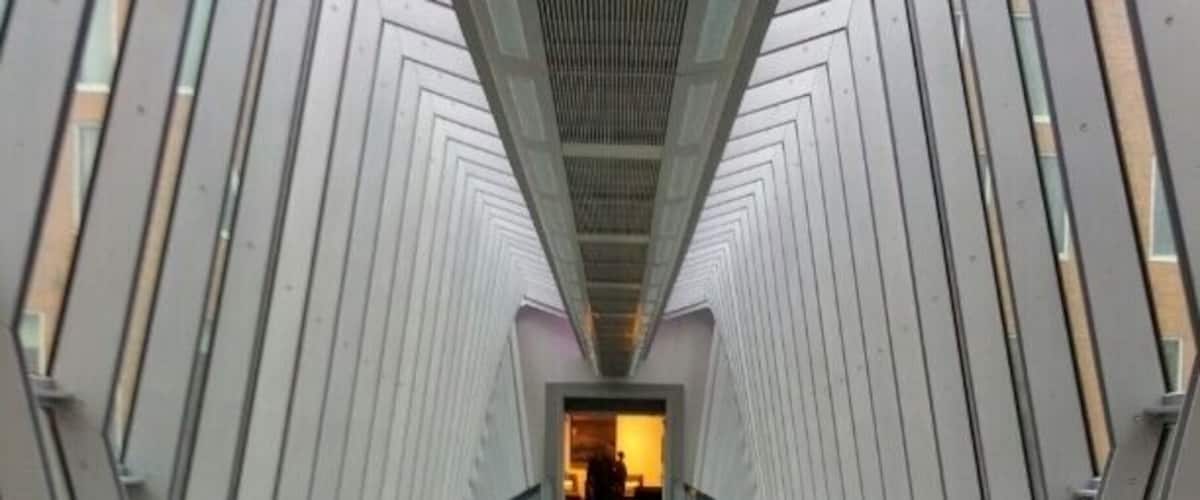 A view of the new pedestrian skywalk connecting the convention center to the new downtown Hilton.