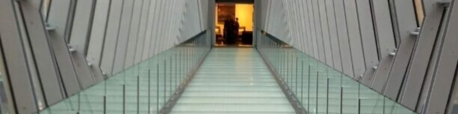 A view of the new pedestrian skywalk connecting the convention center to the new downtown Hilton.