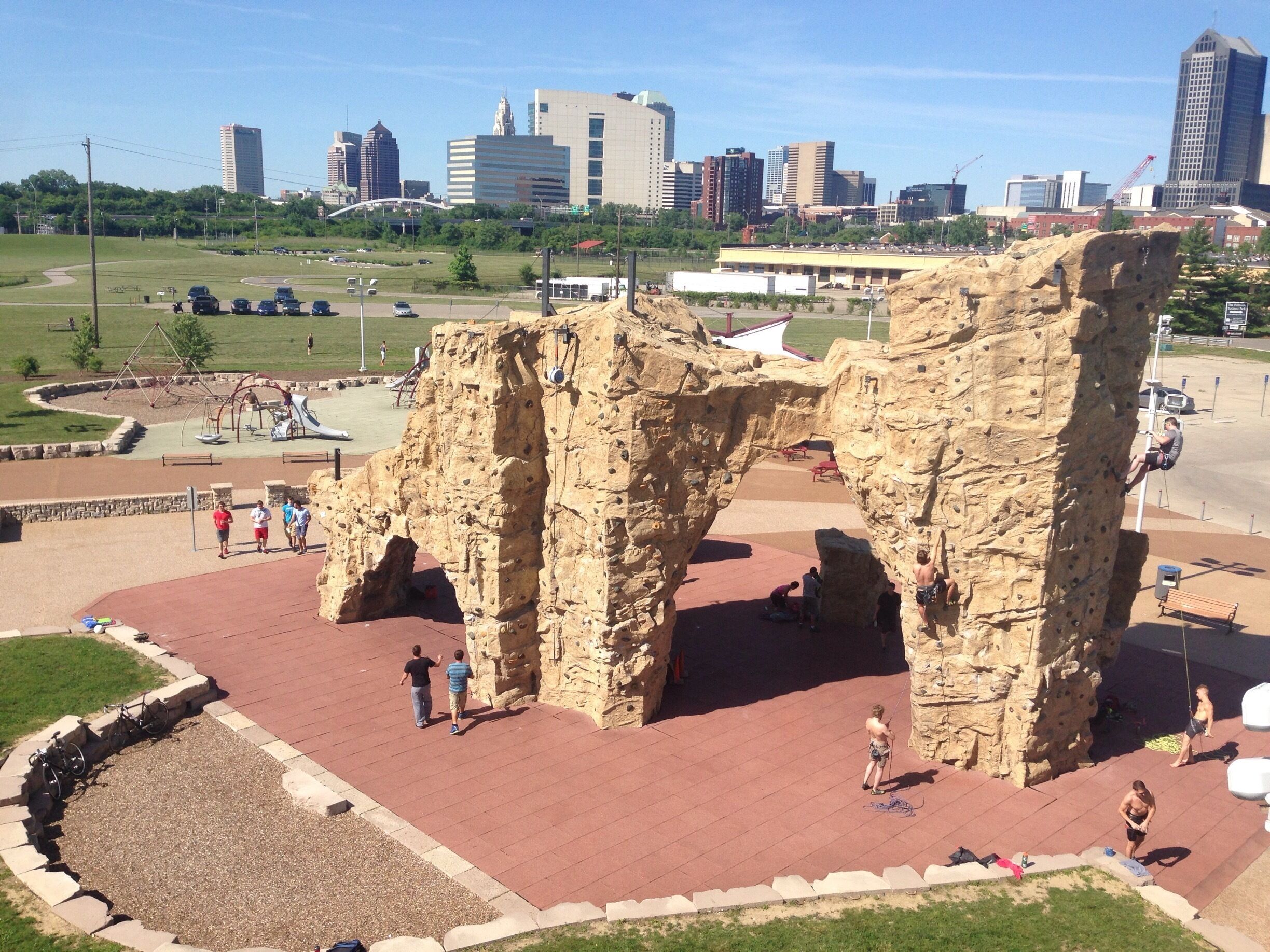 Climbing Wall at Scioto Audobon Metro Park viewed from watertower viewing area. To climb a person needs bring a harness, come with someone who has a harness, or ask to use someone's harness. Self belaying is setup so that a person can climb without bringing ropes. A person can also come with someone else, with rope, and have them belay them on the courses that do not have self belaying setup. 
#rockclimbing