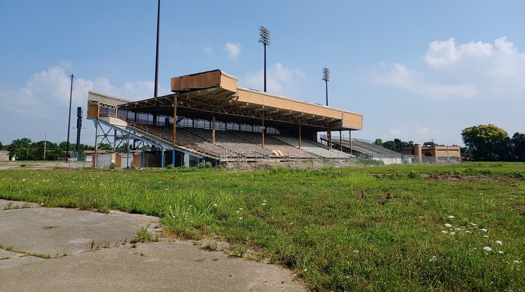 All that remains of Cooper Stadium, the former home of the Columbus Clippers minor league baseball team.
This location has been doubly abandoned because what's left was intended to be the grandstand of an auto racing track that never came to fruition.