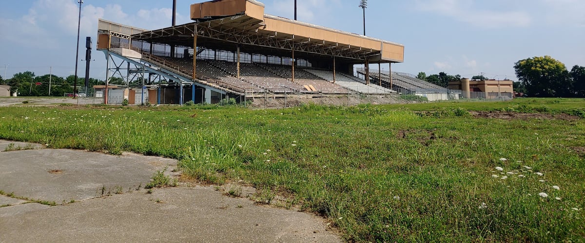 All that remains of Cooper Stadium, the former home of the Columbus Clippers minor league baseball team.
This location has been doubly abandoned because what's left was intended to be the grandstand of an auto racing track that never came to fruition.